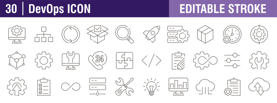 Collection of DevOps icons. Development, operations, programming. Vector design template, signs, symbols, editable stroke.
