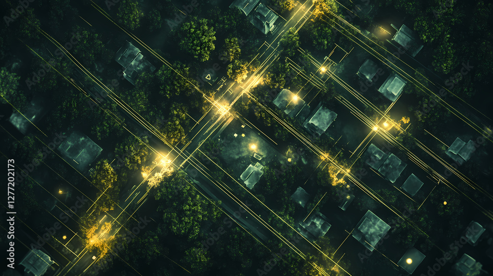 Canvas Prints aerial view of a small town with digital network lines showcasing connectivity and innovation in rur