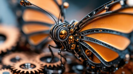 Obraz premium A stunning steampunk butterfly crafted from intricate gears and copper elements symbolizes the union of nature and technology, evoking thoughts on transformation and artistry.
