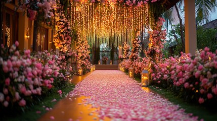 Marriage hall transformed into a magical space with cascading lights floral arches and soft romantic hues ready for a luxurious wedding reception