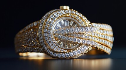 Diamond-encrusted gold wristwatch.