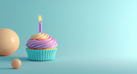 A Sweet Celebration: A brightly colored cupcake with a lit candle takes center stage, accompanied by geometric shapes, all set against a minimalist backdrop.