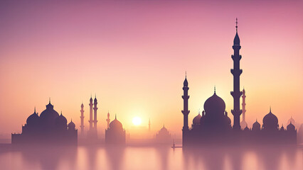 A stunning mosque silhouette at sunrise, bathed in soft hues of gold and pink. The intricate minarets and domes reflect Islamic architecture, evoking a serene and spiritual ambiance.