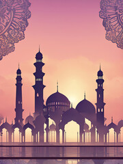A stunning mosque silhouette at sunrise, bathed in soft hues of gold and pink. The intricate minarets and domes reflect Islamic architecture, evoking a serene and spiritual ambiance.