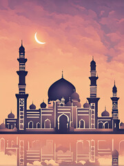 A stunning mosque silhouette at sunrise, bathed in soft hues of gold and pink. The intricate minarets and domes reflect Islamic architecture, evoking a serene and spiritual ambiance.