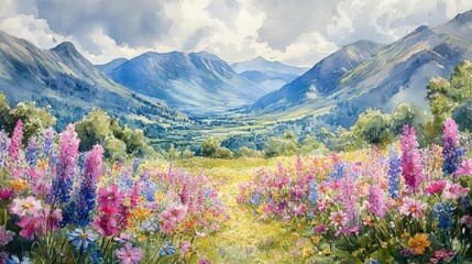Vibrant Watercolor Painting of a Mountain Valley with Wildflower Meadow Landscape