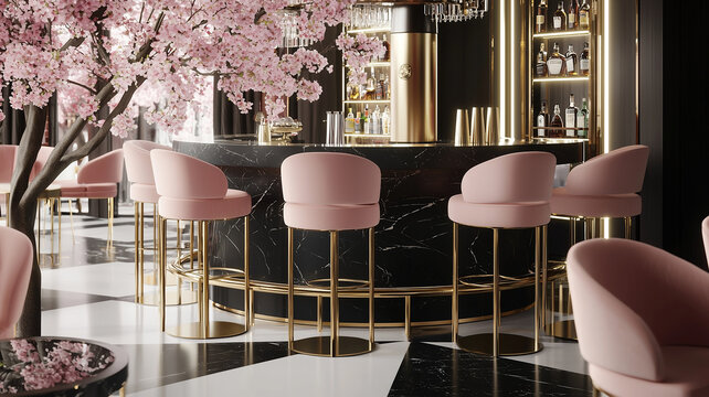 Chic Black and Gold Bar with Pink Seating - 3D Render Realistic AI Generated