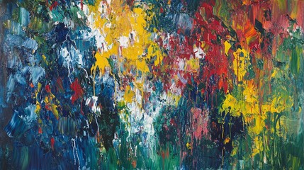 abstract painting with bold strokes of blue, yellow, red, and green. texture is created by thick layers of paint, with a dripping effect.