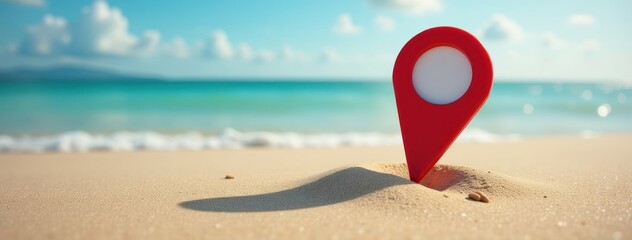 Beach Location Pin. Red Map Marker in Sand. Excellent for travel brochures, vacation planning websites, destination guides, mapping applications