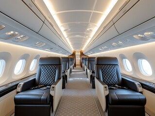 Luxurious private jet cabin interior.  Travel in style