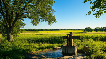 Traditional rural water well with a wooden hand pump, surrounded by lush green fields and a clear blue sky, soft sunlight casting shadows Generative AI