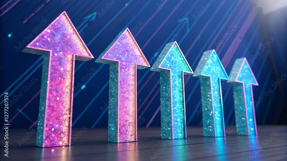Poster Four vibrant iridescent upward pointing arrows rendered in a stylized almost holographic fashion for creative design web use and visual communication needs