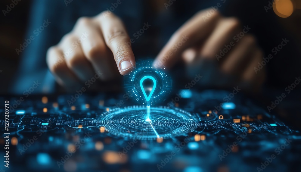 Poster marketer touching client icon with a digital map highlighting market segments, futuristic tech, and 