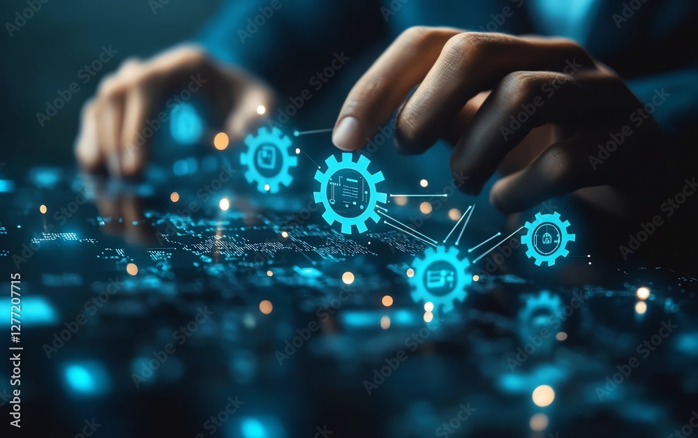Poster Robotic process automation concept with businessman activating gears icons on a futuristic network, seamless data transfer between applications