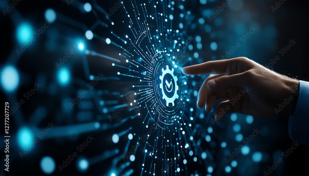 Poster Robotic process automation concept, businessman touching gears icon on a digital network, data transfer and automation of business processes