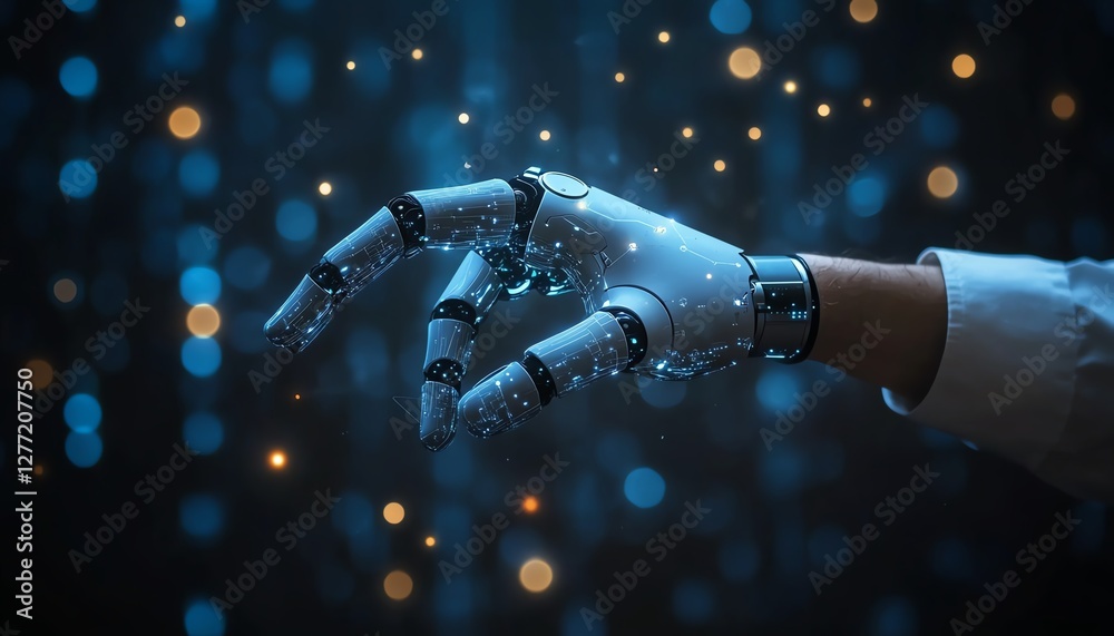 Poster Robotic process automation concept, businessman touching gears icon on a digital network, data transfer and automation of business processes
