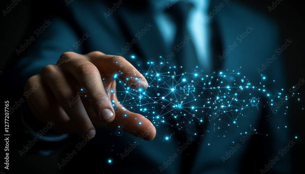 Poster Robotic process automation concept, businessman touching gears icon on a digital network, data transfer and automation of business processes