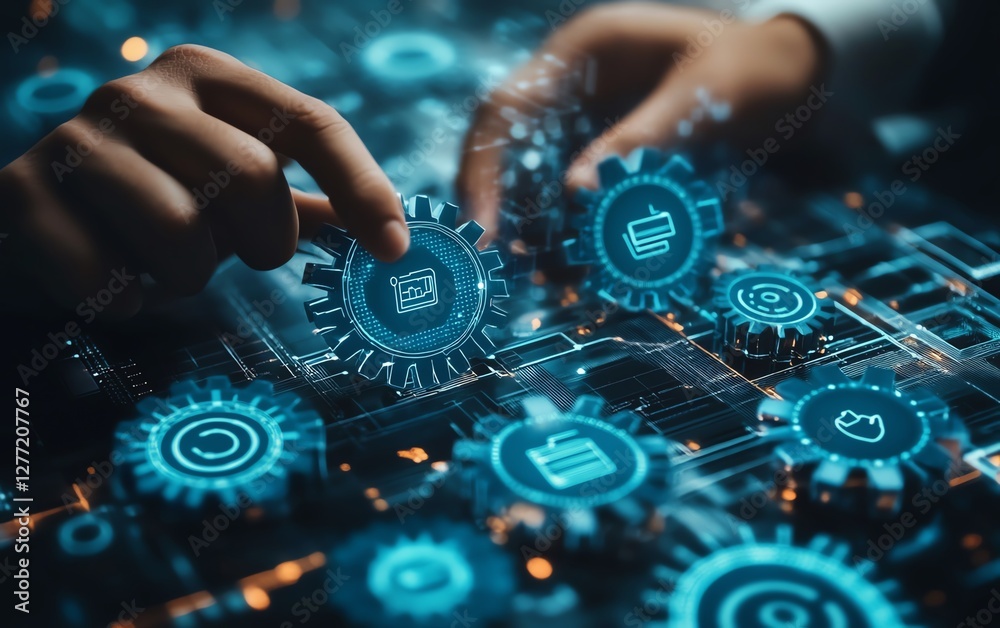 Poster Robotic process automation concept with businessman activating gears icons on a futuristic network, seamless data transfer between applications