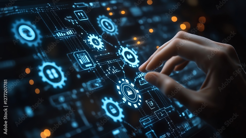 Aufkleber Robotic process automation RPA system automating business, businessman touching gear icons, efficient data exchange between applications on a network
