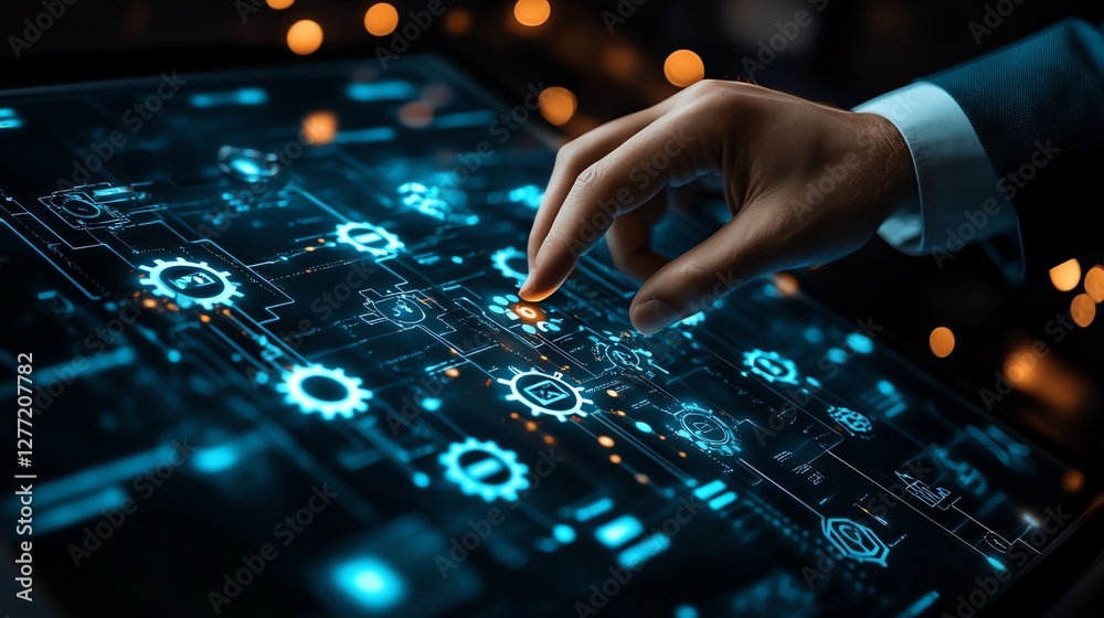 Aufkleber Robotic process automation RPA system automating business, businessman touching gear icons, efficient data exchange between applications on a network