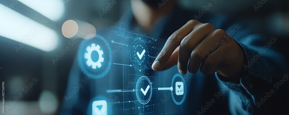 Poster Workflow optimization in business process automation, businessman touching checkmark and gear icons on a digital flowchart for efficiency