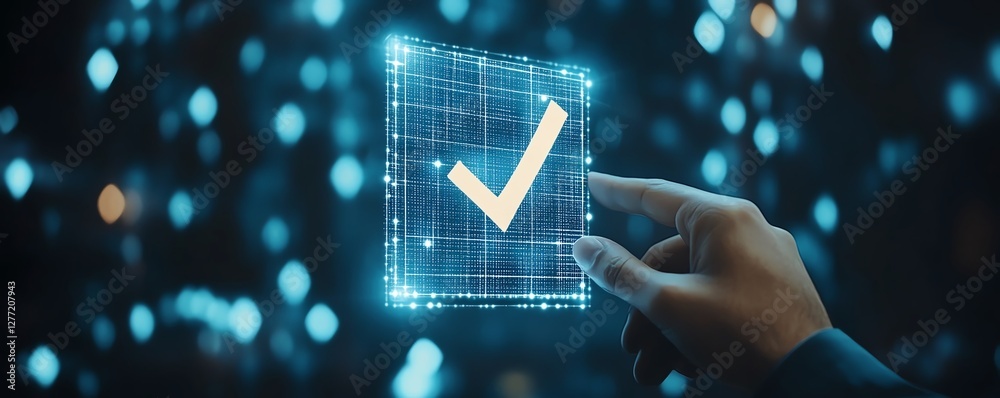 Leinwandbilder Workflow optimization in business process automation, businessman touching checkmark and gear icons on a digital flowchart for efficiency