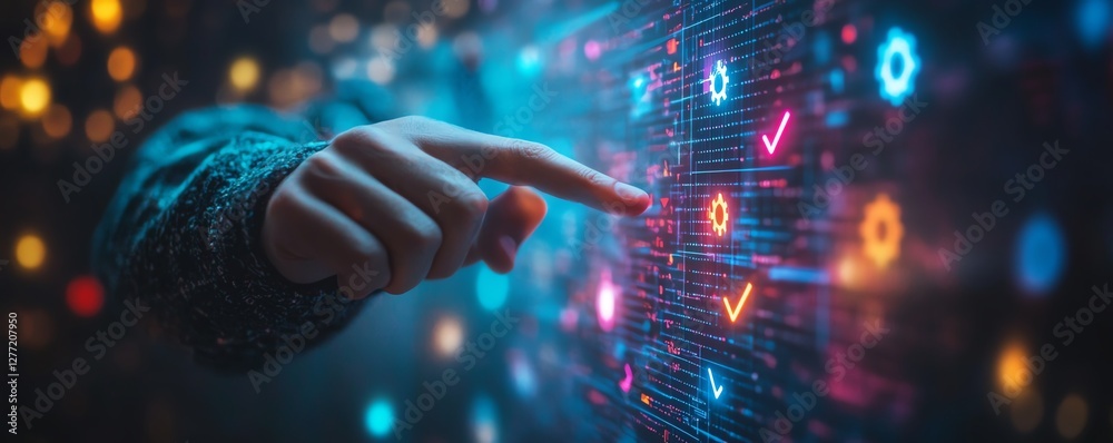 Fototapete Workflow optimization in business process automation, businessman touching checkmark and gear icons on a digital flowchart for efficiency