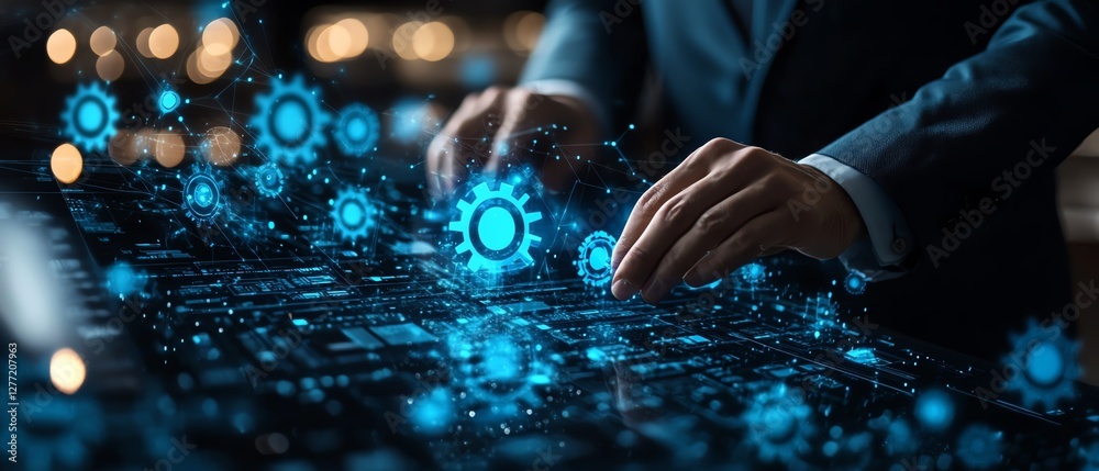 Poster Automation and efficiency in business, businessman interacting with gears icon on a network, data smoothly transferred between various applications