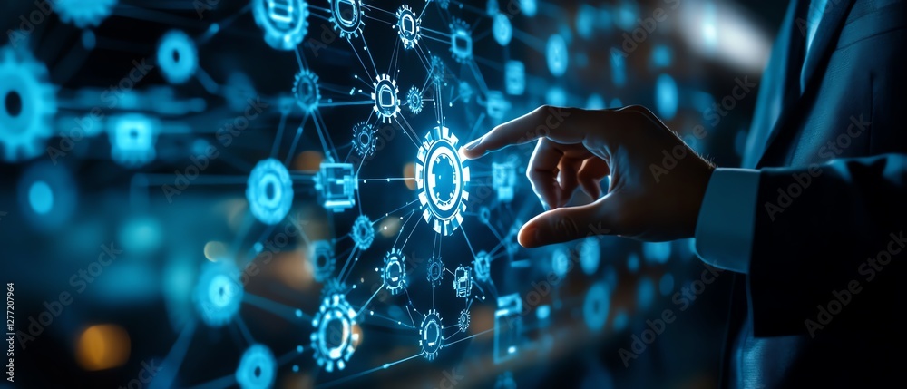 Aufkleber Automation and efficiency in business, businessman interacting with gears icon on a network, data smoothly transferred between various applications