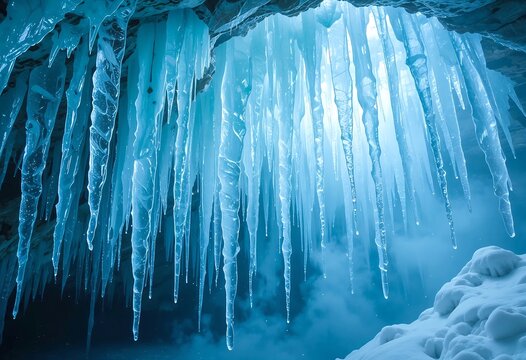 Frozen icicles hang from a cave ceiling, creating a mesmerizing icy spectacle in a tranquil, blue-tinged winter landscape. - Powered by Adobe