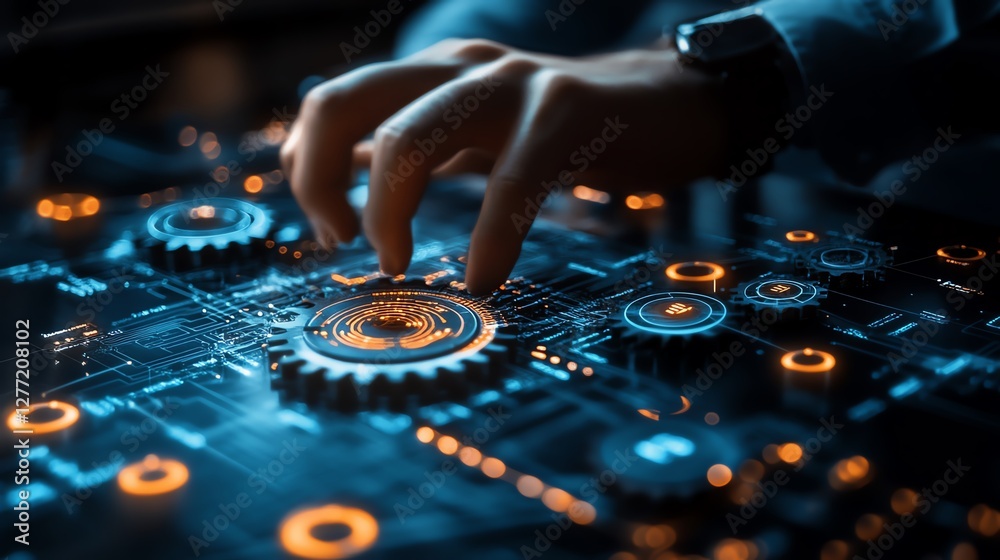Poster Business automation with robotic process automation RPA technology, data transfer between applications, businessman interacting with gears on a digital network