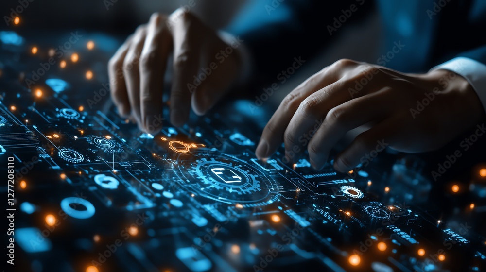 Aufkleber Business automation with robotic process automation RPA technology, data transfer between applications, businessman interacting with gears on a digital network