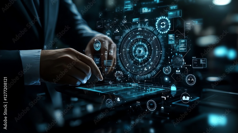 Poster Business automation with robotic process automation RPA technology, data transfer between applications, businessman interacting with gears on a digital network