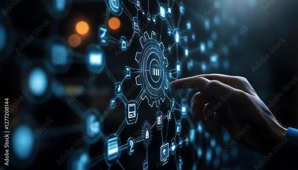 Aufkleber business automation with rpa technology, data flowing across connected systems, businessman touching