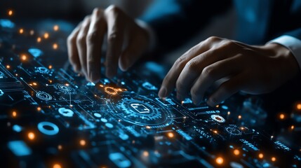 Business automation with robotic process automation RPA technology, data transfer between applications, businessman interacting with gears on a digital network