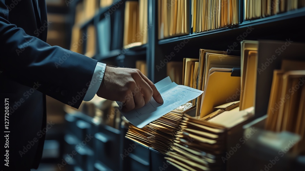 Poster Businessman touching folder and file icons in a DMS system, documents stored securely on server, efficient file management and organization