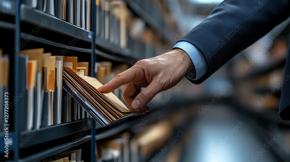 Poster Businessman touching folder and file icons in a DMS system, documents stored securely on server, efficient file management and organization