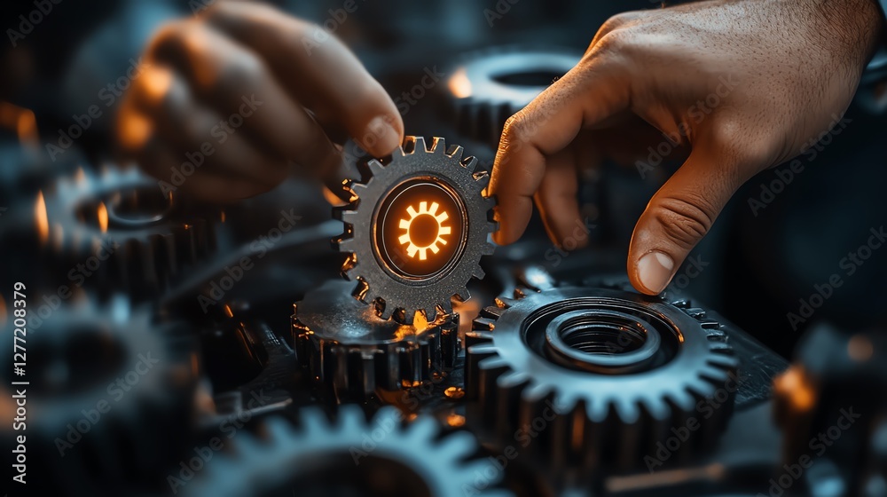 Aufkleber Businessman touching gears icon to activate robotic process automation RPA, network connection, smooth data transfer between multiple applications