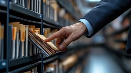 Businessman touching folder and file icons in a DMS system, documents stored securely on server, efficient file management and organization