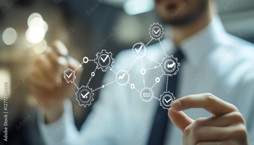 Poster Flowchart representing business process automation, businessman interacting with checkmark and gears icons for seamless workflow management