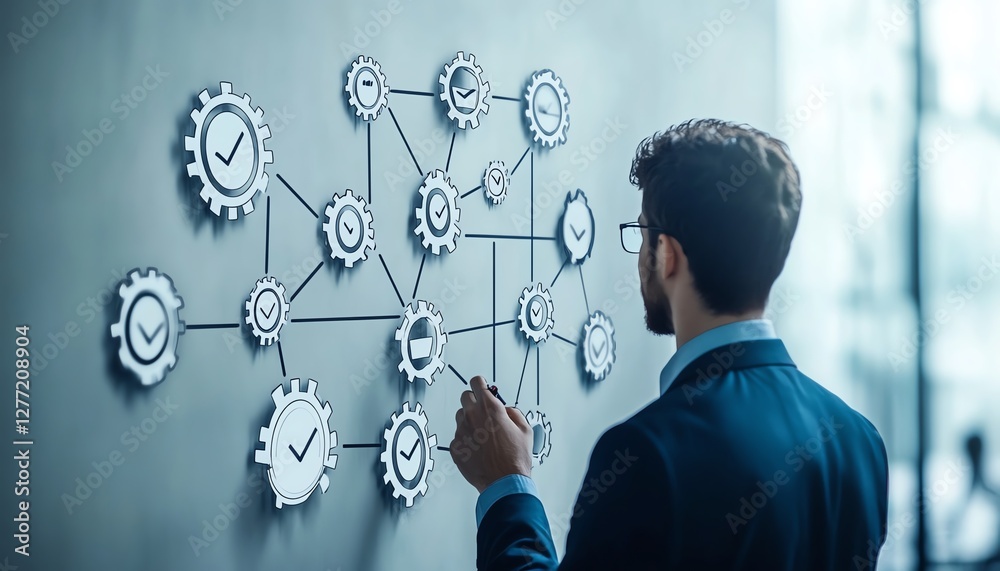 Poster Flowchart representing business process automation, businessman interacting with checkmark and gears icons for seamless workflow management