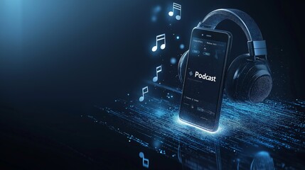Naklejka premium Smartphone with podcast streaming visualization and music notes, representing modern digital media, audio entertainment, and the evolution of online content broadcasting and mobile stre, Generative AI