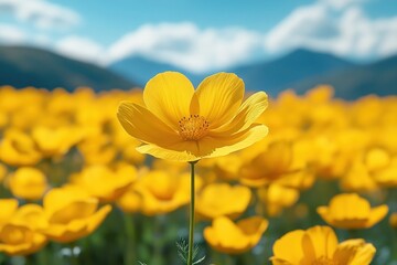 Obraz premium Vibrant Yellow Flower Field Under Bright Blue Sky