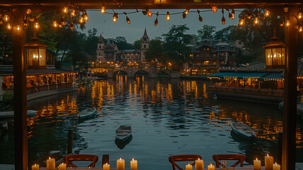 Romantic Riverside Dining with Lanterns and Candles