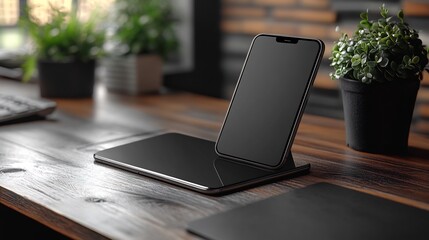 Minimalist stock photo of a smartphone on a desk isolated on a transparent background for tech branding