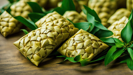 A close-up of beautifully woven ketupat, traditional Indonesian rice cakes wrapped in intricate palm leaves. The golden-yellow and green hues create a festive and cultural aesthetic.