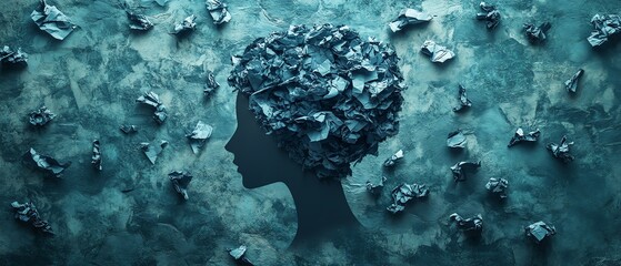 A silhouette of a distressed head surrounded by floating crumpled waste paper, symbolizing overwhelmed thoughts, with dark, stormy colors evoking anxiety