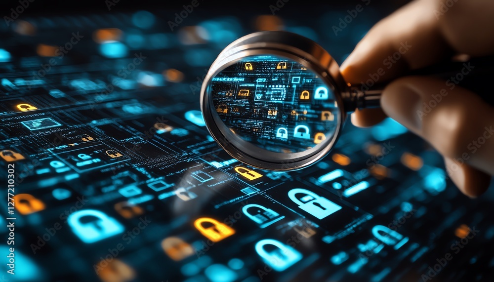 Fototapete a system engineer using a magnifying glass to analyze padlock icons on a secure computer network, sy