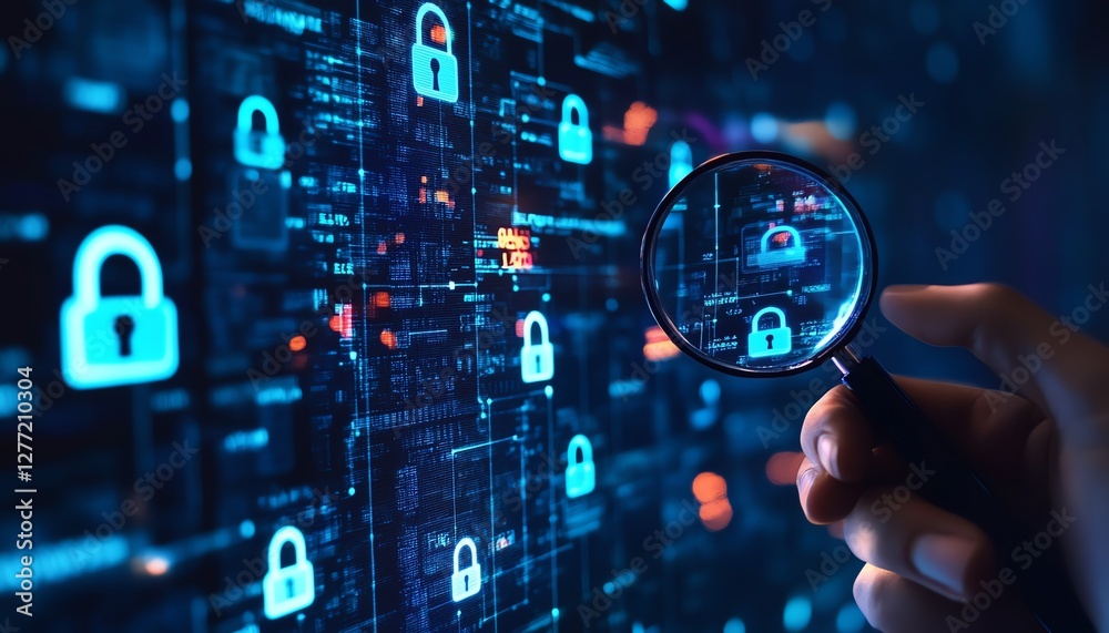 Poster A system engineer using a magnifying glass to analyze padlock icons on a secure computer network, symbolizing information security technology in business