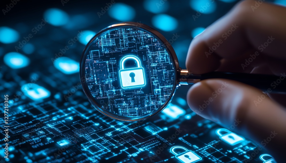 Poster A system engineer using a magnifying glass to analyze padlock icons on a secure computer network, symbolizing information security technology in business
